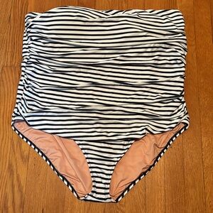 Reimagined by J Crew ruched bandeau one piece bathing suit in horizontal stripes